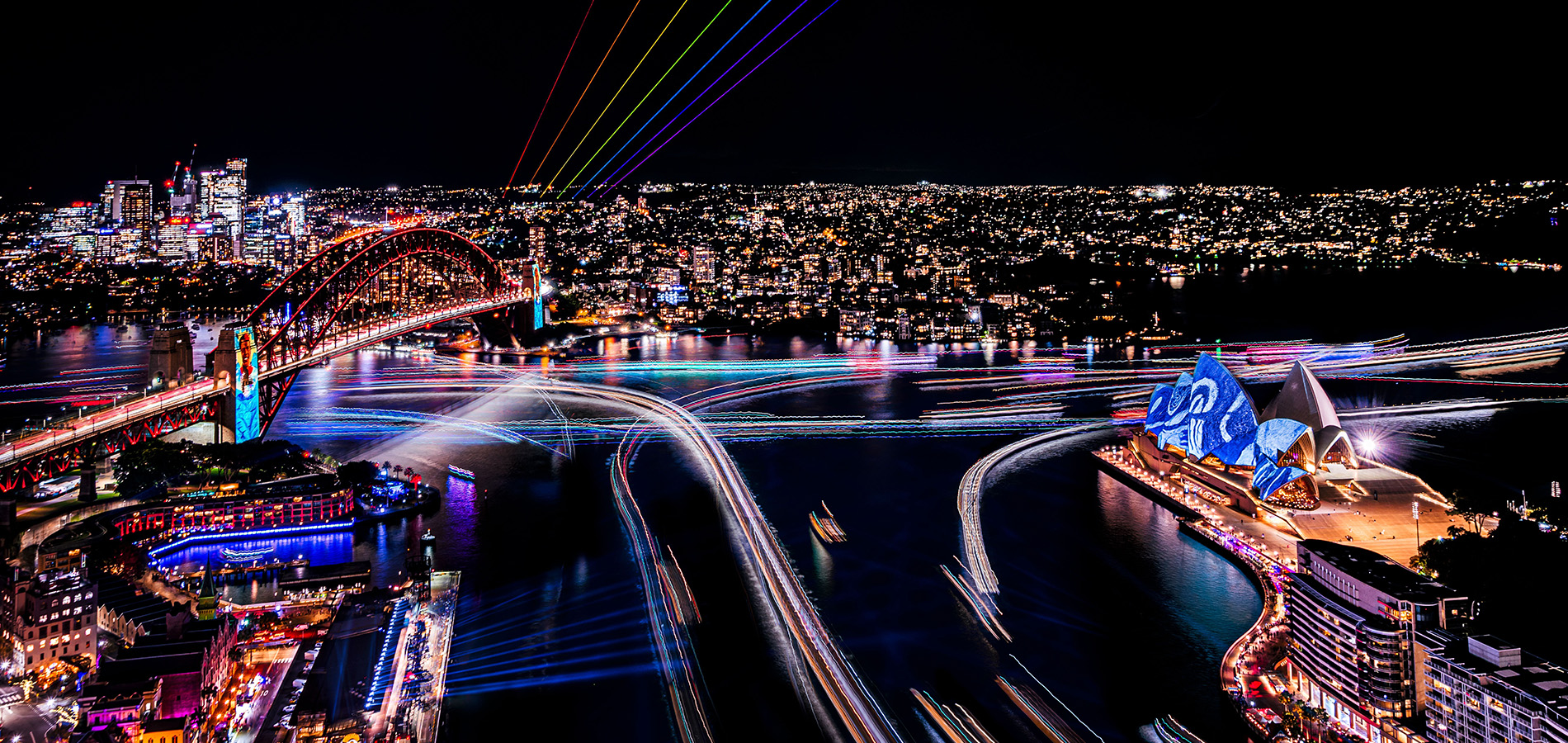 Vivid Sydney aerial shot of harbour